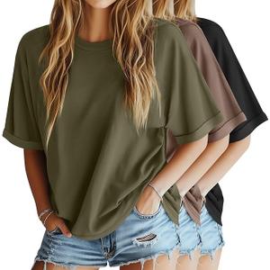 3 Pack Women's Oversized T-Shirt Half Sleeve Summer Tees Casual Loose Fit Crew Neck Basic Tops, Black, Brown, Grey, M