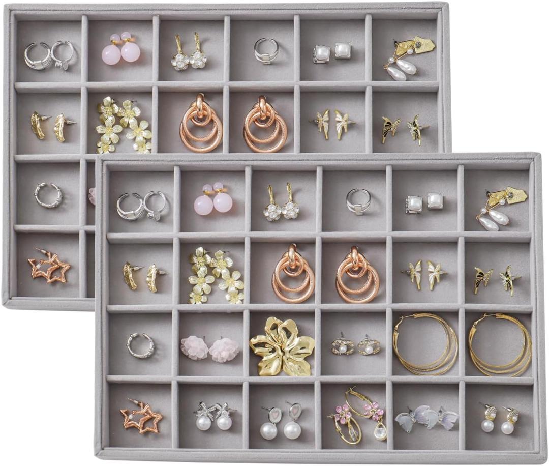 Large Velvet Jewelry Tray 2 Pack Stackable Jewelry Display Drawer Inserts Trays Organizer for Earring Bracelet Necklace Ring (Gray, 24 Grids)