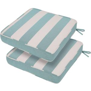 18x18x3 Inch Outdoor Square Corner Chair Cushions with Ties Set of 2, Water&Fade Resistant Thick Seat Cushion Pads for Garden Patio Dining Porch Furniture - Teal Ivory Striped
