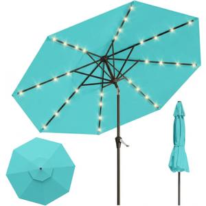 10FT Solar Lighted Patio Umbrella, Outdoor Table Market Umbrellas with Push Button Tilt and Crank, 32 LED Lights, 8 Sturdy Ribs, UV-Resistant for Deck, Garden, Pool