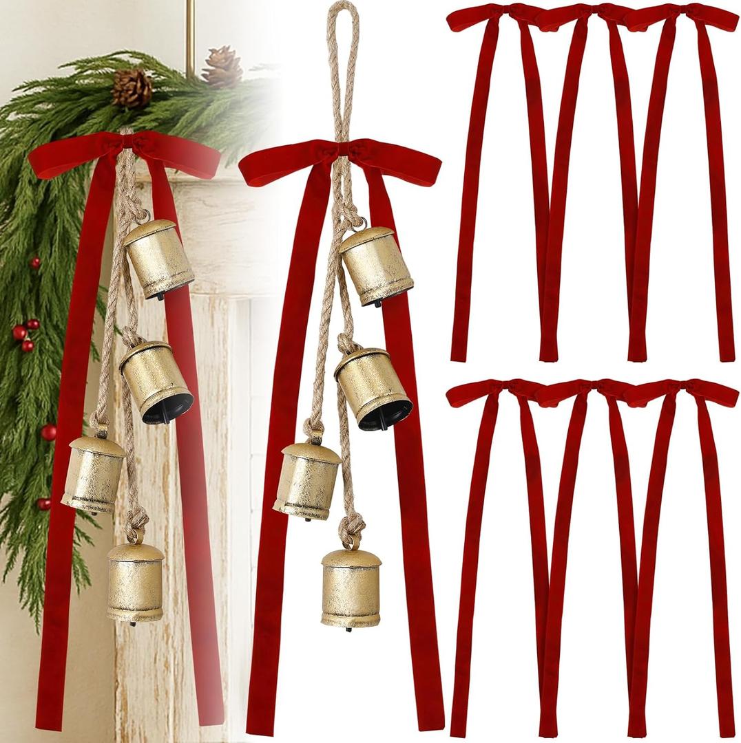 Suncalla 2 Pcs Christmas Cow Bells with 8 Pcs Red Velvet Christmas Bows Vintage Gold Bell Decorations with Velvet Ribbon Bows for Xmas Tree Wall Home Wedding Wreath Garland Staircase Indoor Outdoor