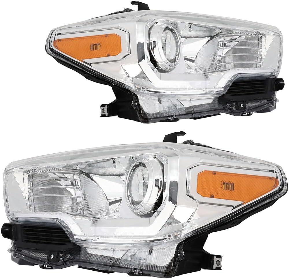 Headlight Assembly for Toyota Tacoma 2016-2018 Driver and Passenger Side Headlamp Chrome Housing Amber Reflector Clear Lens TO2502242