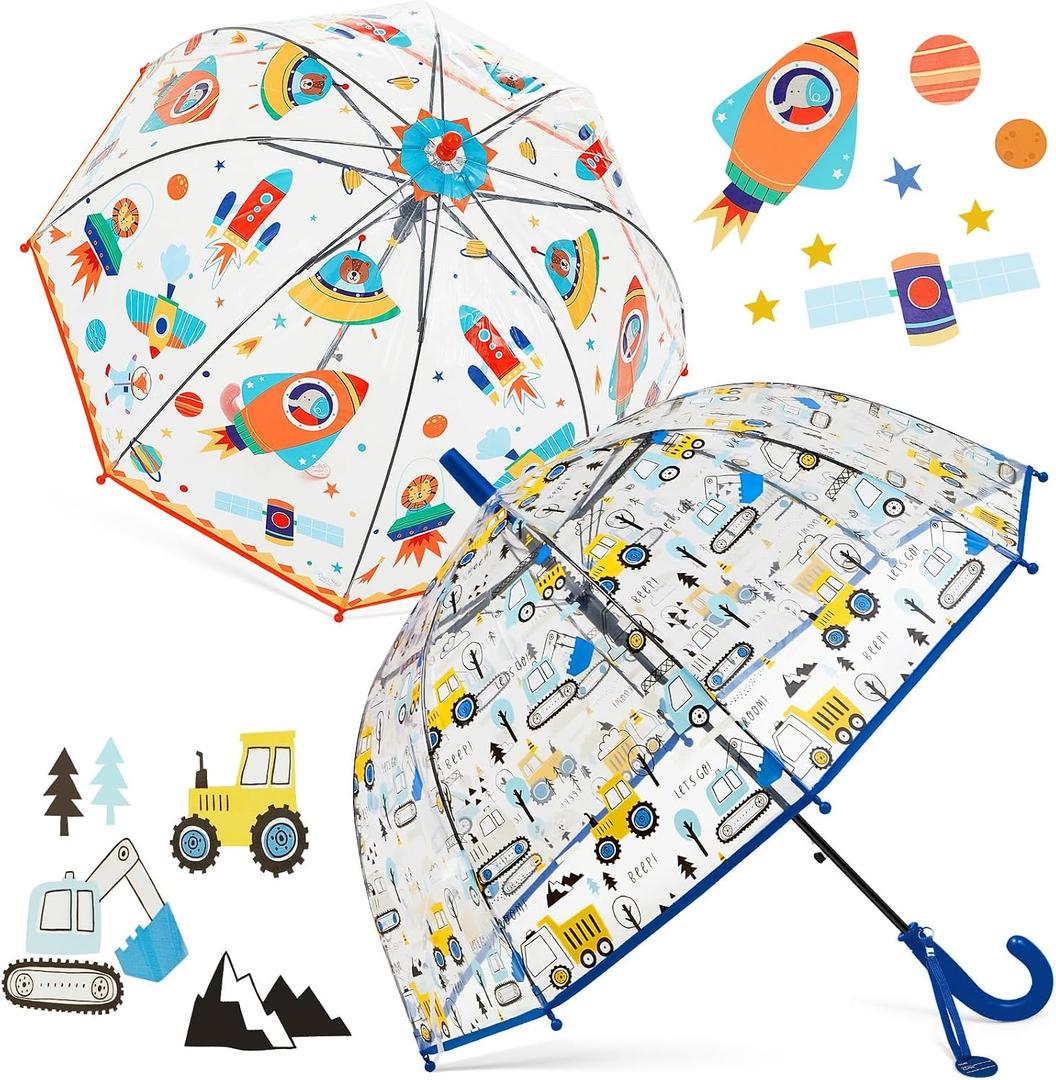 Fabbay 2 Pcs Kids Clear Bubble Umbrella with Easy Grip Curved Handle Transparent Bubble Umbrella for Toddler Girls