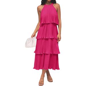 ZESICA Women's 2026 Summer Sleeveless Halter Neck Ruffle Tiered Layed Chiffon Flowy Swing Long Midi Dress (X-Large)