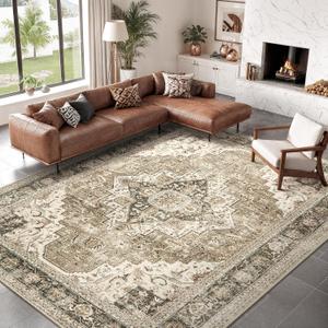 Roxstand Washable Rugs 9x12, Large Area Rugs 9x12 Living Room with Non-Slip Backing, Super-Soft Floral Vintage Rug, Low Pile Area Rug for Bedroom, Dining Room, Office (Brown/Beige, 9'x12')