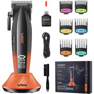 VGR 889C Professional Hair Clippers for Men, 9000RPM Cordless Barber Clippers with Ceramic & MIM Blades, 6 Magnetic Guide Combs, LED Display, USB Charging Base, Mens Grooming Kits for Barber