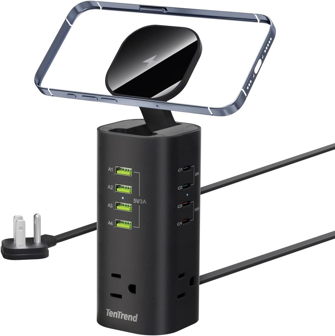 160W Fast Charging Station, TenTrend Power Strip Tower Surge Protector with 3 AC Outlets & 8 USB Ports (4 USB-C), 5 FT Flat Plug Extension Cord with Multiple Outlets for Home Office