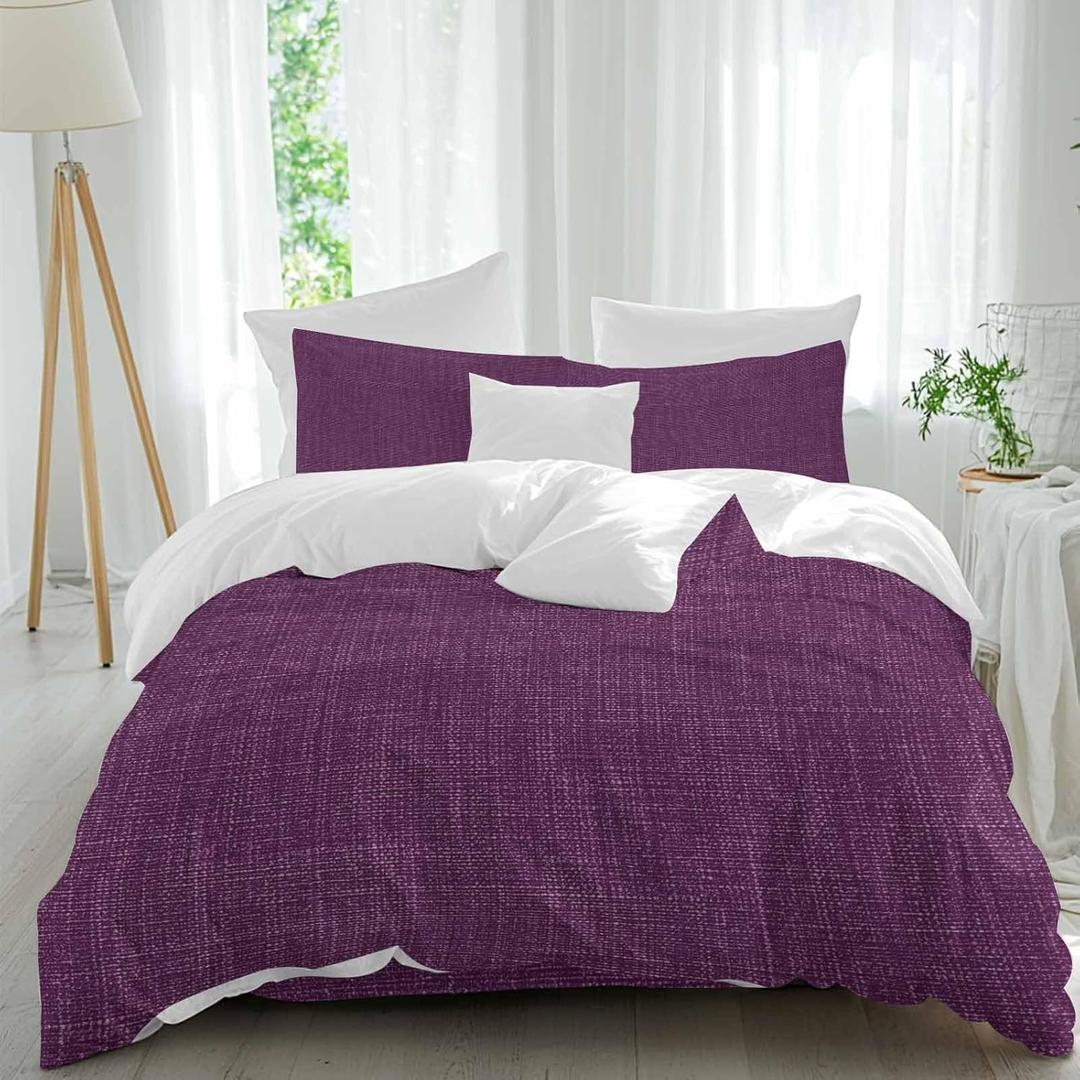 Alandar Home Retro Dark Purple Linen Bottom Duvet Cover Sets 4 Piece Twin Ultra Soft Bed Quilt Cover Set for Kids/Teens/Women/Men, Farmhouse Flax Texture Bedding Collection All Season Use