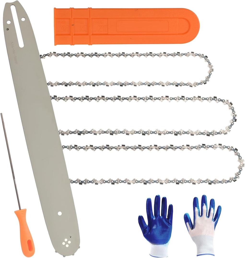 16 Inch Chainsaw Bar & Chain Combo - 3/8"LP Pitch .050" Gauge 56 Drive LinksCompatible with Stihl MS180, Husqvarna 140, Yusen 5900 Professional Logging Chainsaws3Chains+1Bar+1Glove+1File