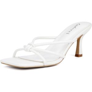 Goderci Kitten Strappy Heels for Women Knotted Square Open Toe Slip On Mule Heels Mid Heeled Sandals(8.5,White)