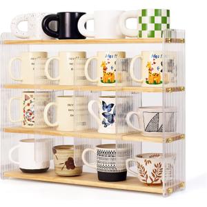 Coffee Mug Holder Wooden Cup Station Organizer 4-Tier Cup Holder for Coffee Bar Mug Display Rack for Countertop Mug Holder Shelf for Home Kitchen Pine Wood