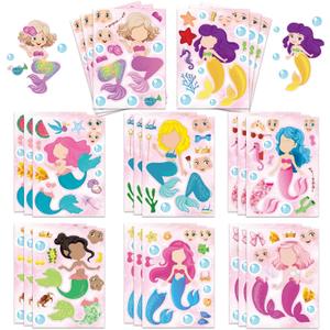 24 Sheets Mermaid Stickers Make Your Own Stickers Party Favors Mermaid Make A Face Sticker for Kids Party Favors,Classroom Teacher Rewards, Art Craft Supplies