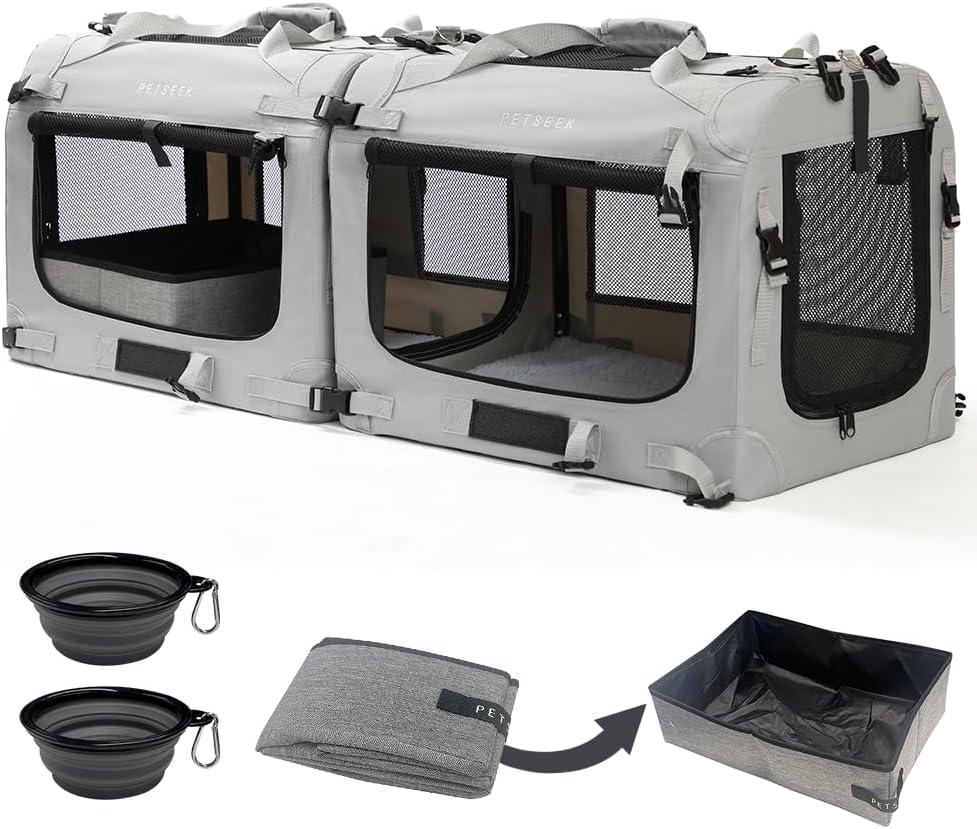 Extra Large Cat Carrier Soft Sided, Portable Small Dog Carrier for 2 Cats, 24"x16.5"x16" Car Travel Folding Comfortable Design with Litter Box and Bowls, Grey-2+ Litter Box+ Bowl