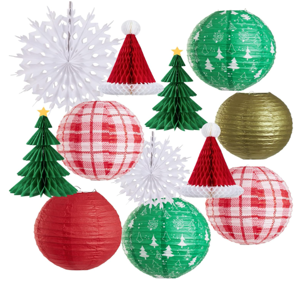 OBBOLO Christmas Hanging Decorations, 12 PCS Paper Lanterns, Honeycomb Christmas Trees, Hanging Paper Fans, Red Green Gold White Holiday Party Supplies for Home Xmas Holiday Party
