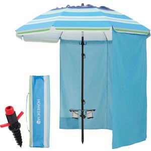 HOMEDEMO 7FT Beach Umbrella with Table & Anchor, Heavy Duty Windproof with UPF 50+ Sun Protection, Outdoor Umbrellas with Adjustable Aluminum Pole
