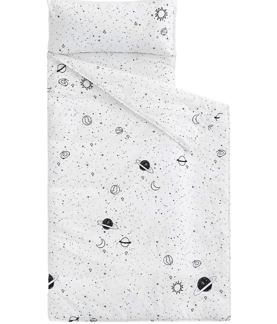 Wake In Cloud - Toddler Nap Mat with Pillow and Blanket, 100% Cotton Fabric, for Kids Boys Ages 3 Plus in Daycare Kindergarten Preschool, Roll Up Sleeping Bag, Galaxy Spaces