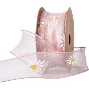 10 Yards 1 5/8 Inch Pink Daisy Trim Floral Print Organza Chiffon Ribbon Sun Flower Transparent Sheer Printed Ribbons Bulk with Spool for Sewing Making Crafts Gift Wrapping Wedding Christmas