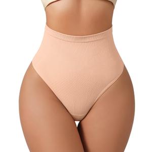 USEASY Tummy Control Seamless Thongs for Women Seamless High Waisted No Show Thongs Plus Size Underwear Beige S