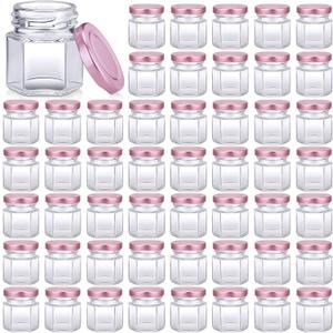 Nuogo 100 Pack 1.5oz Mini Hexagon Glass Jars Bulk for Wedding Small Honey Jars with Lids for Spice Canning Mason Gifts Candy Honey Wedding Party Favors DIY Crafts (Pink)