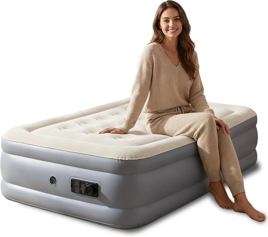 Twin Air Mattress with Built-in Pump, 2 Min Fast Inflation, 16" Raised Height, Supports up to 650 lbs, for Camping, Home Use, Guests, Portable TravelSingle Air Mattress