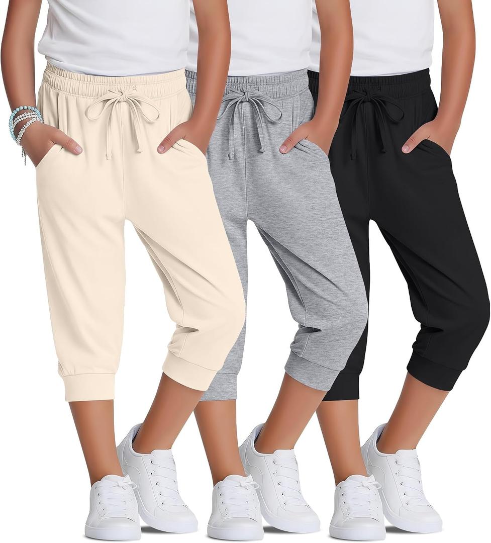 3 Pack Girls Capris for Teen 5-16 Y | Girls Capris, Back to School Outfits, Teen Kids Summer Clothes, Lightweight Drawstring Pocket