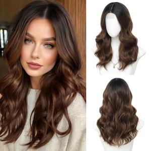 18 Inch Ombre Brown Wig for Women, Middle Part Medium Length Wavy Synthetic Hair Wig, Upgraded Strands Natural Hairline Design for Daily Party Halloween(Ombre Brown,18 Inch