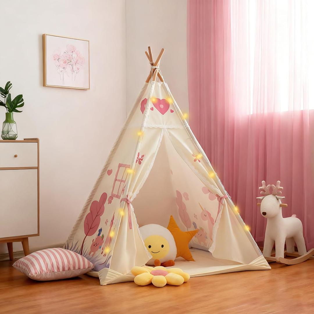 Teepee Tent for Kids, Play Tent with Padded Mat & Star Lights, Indoor Play Tent for Girls & Boys, Pink Unicorn (47*47*60in)