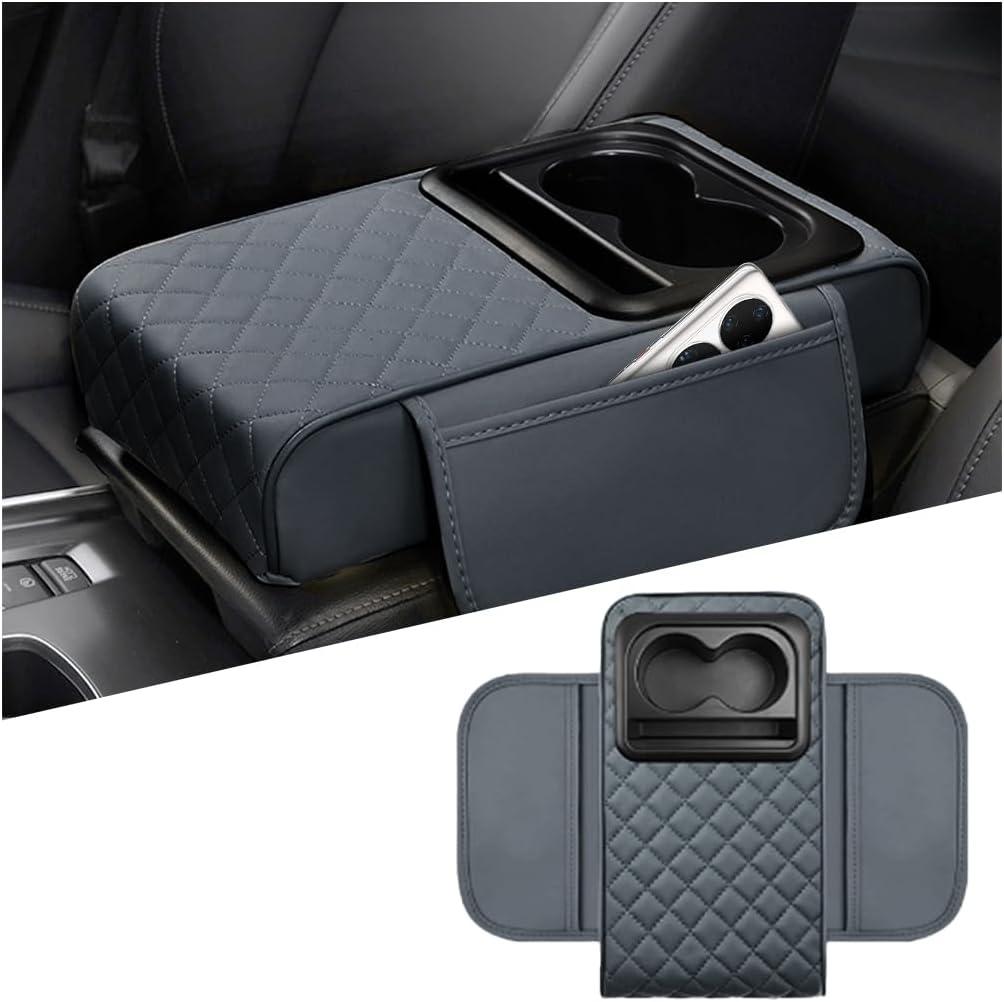 Mandark Car Center Console Armrest Pillow, Leather Memory Foam Auto Arm Rest Box Cover with Storage Bag, Waterproof Automotive Interior Elbow Protector Accessories, Universal Fit (Gray)