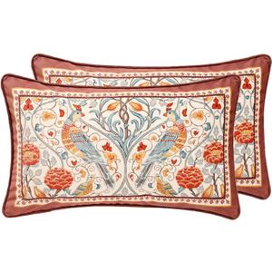 patdrea Designer Vintage Throw Pillow Covers 12"x20",Red Soft Velvet Lumbar Pillows Cover with Birds Floral Pattern,Rectangular Farmhouse Decorative Pillow for Couch Outdoor Set of 2