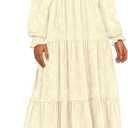 PRETTYGARDEN Wedding Guest Dresses for Women Floral Long Sleeve Smocked Tiered Elegant Long Flowy Boho Dress  (Beige, XL)