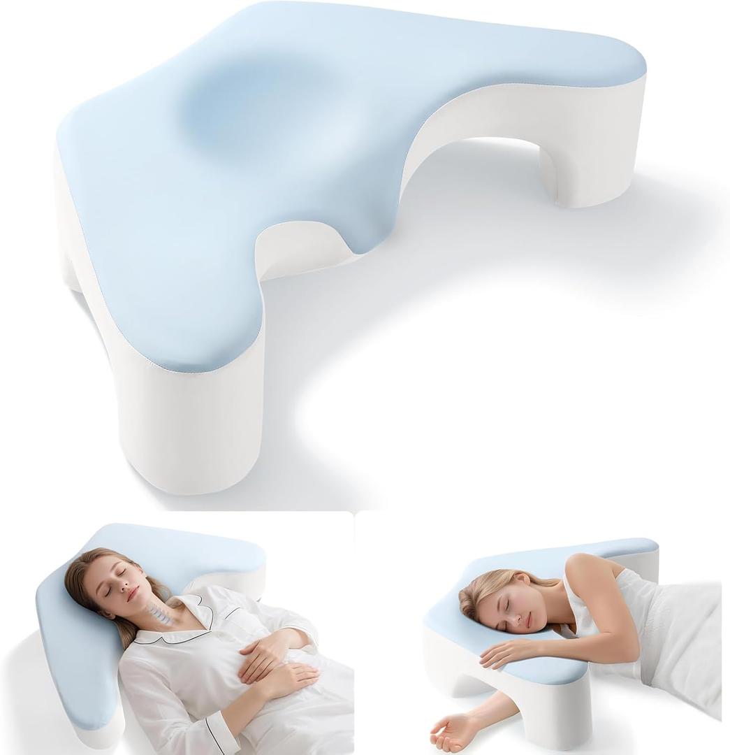 Side Sleeper Pillow for Shoulder Pain Relief, Memory Foam Pillow with Arm Hole & Neck Support Design, Ergonomic Back Sleeping Cervical Pillows with Washable Cooling Pillows Case - Blue&White