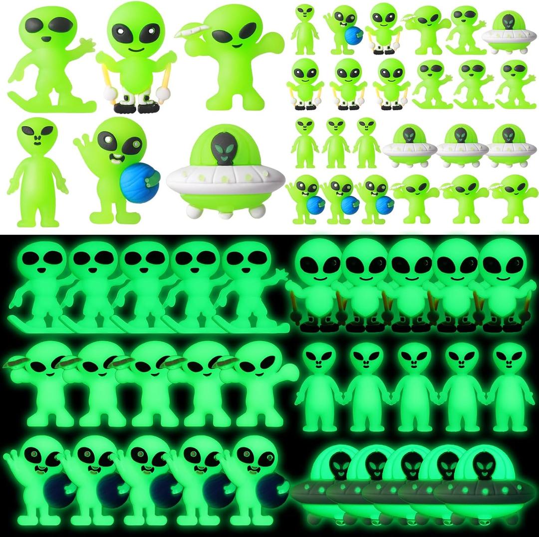 60 Pcs Glow in The Dark Mini Alien Figures Various 6 Styles Small Alien Figurines Tiny to Hide and Seek Luminous Figures for Easter Egg Filling Space Party Favors Gifts