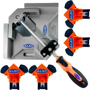 90 Corner Clamp for Woodworking - One Heavy-Duty Adjustable Aluminum Alloy Clamp for Framing, Welding, Cabinetry, Furniture - Non-Slip Rubberized Handle - Includes 4 Light-Duty Plastic Corner Clips