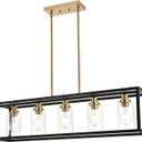 MELUCEE Black Chandeliers Rectangle 5 Lights Dining Room Lighting Fixtures Hanging Over Table, Kitchen Island Lighting Linear Pendant Light Ceiling with Clear Glass Shade and Brushed Brass Socket (36.2 inches)