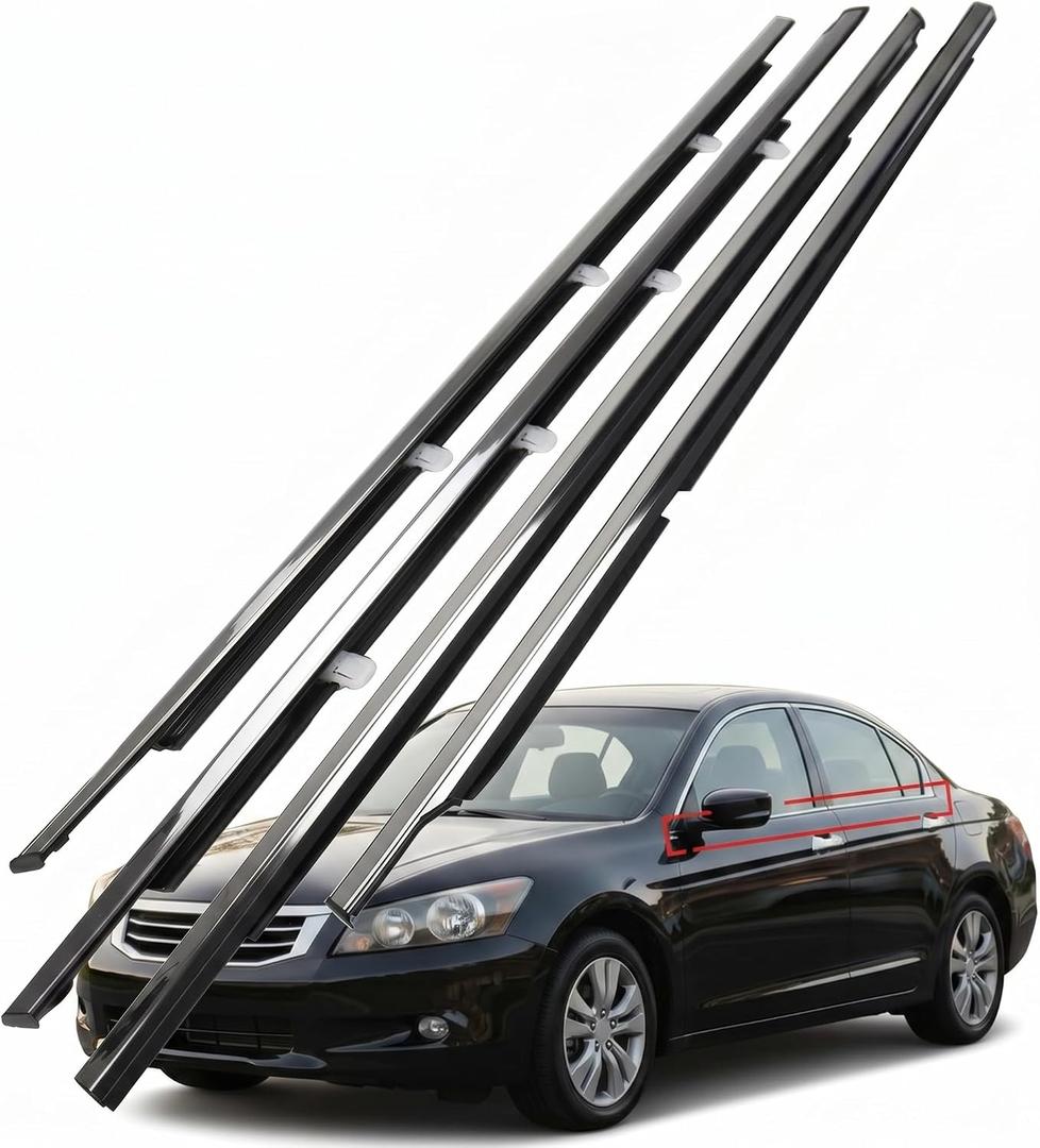 Chrome Window Molding Trim Seal Belt Compatible with Honda Accord Sedan 2008-2012, 4-Piece Exterior Weatherstrip Set Front Rear Left Right Replaces 72410-TA0-A01 72450-TA0-A01 (4-Door Only)
