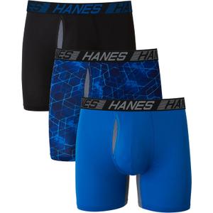 Hanes Men's Anti-Chafing, 3 Pairs, Cool & Breathable Cotton Pouch Underwear, Moisture-Wicking Boxer Briefs (Medium, Blue/Black)