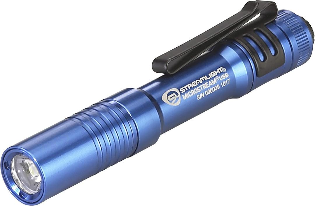 Streamlight 66606 MicroStream USB 250-Lumen 1150-Candela EDC Ultra-Compact Flashlight with Rechargeable Battery, Easy-Open Box, Blue