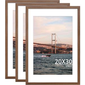 YESKAY 20x30 Picture Frame Brown Set of 3, Display Pictures 16x24 with Mat or 20 x 30 Without Mat, Poster Frames 20x30 for Wall Hanging Horizontal and Vertical