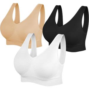 Womens Sports Bras, Yoga Comfort Seamless Workout Fitness with Removable Pads Wireless Stretchy Sports Bra for Women 3 Pack(Black+White+Nude, Large)