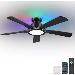 Ceiling Fans with Lights and Remote/APP Control, 52" Low Profile Flush Mount Ceiling Fan with Dimmable RGB Ring Light, 5 Reversible Curved Blades 3 CCT 6 Speeds for Bedroom Party, Black