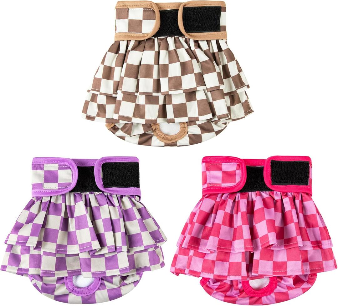 wegreeco Dog Diapers Female (3 Pack), Highly Absorbent Puppy Doggie Dog Diapers for Female Dogs Period, Washable Doggy in Heat, Small Medium Large Size (Checkerboard Red, Purple, Coffee, Medium)
