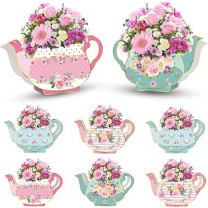 8 PCS Tea Party Decorations Floral Teapot Centerpiece Boxes for Princess Birthday Party Garden Theme Table Decor Tea Time Favors, Wedding Reception, Baby Shower, Bridal Shower Supplies