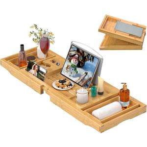 Bathtub Caddy Tray for Tub,Foldable Bath Table Trays,Bamboo Shelf with Book and Wine Glass Holder,Bathroom Accessories Suitable for Luxury Spa or Reading,Natural