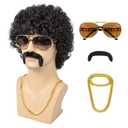 Afro Wig Men 70s Disco Costume Wig With Glasses Necklace Mustache and Wig Cap Natural Fluffy Short Black Curly Synthetic hair Wig for Halloween Chrismas Cosplay Party
