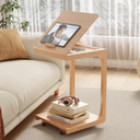 KASLANDI C Shaped Table for Couch, C Table with Wheels,Wooden Couch Table Adjustable Desktop for Living Room,Bedroom - Natural Color