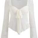 CIDER Mesh Tops Women Lace Square Neck Knotted Y2K Bell Sleeve Going Out Crop Top T Shirts Beige, Small