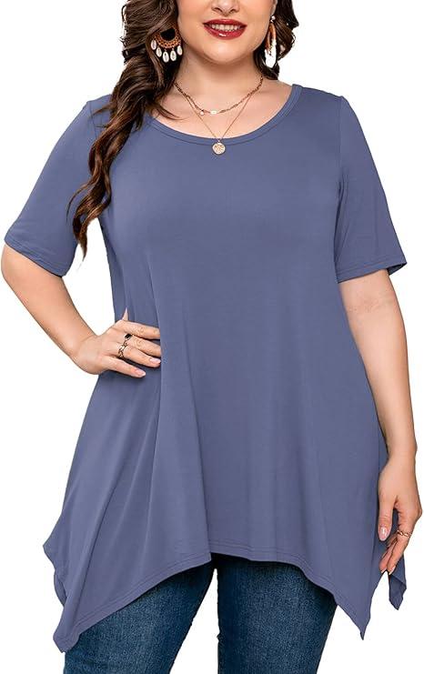 AusLook Plus Size Women's Tunic 3/4 Sleeve Clothes Swing Babydoll Top Side Split Crewneck Blouse Flowy Shirts M-5X , D04-Grey Blue Short Sleeve, Size XL