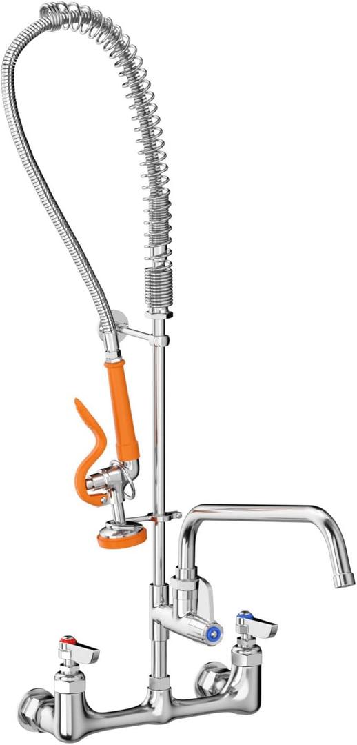 Commercial Kitchen Sink Faucets Wall Mounted Type Brass Constructed Polished Chrome Pre-Rinse Device 43" Height 8" Adjustable Center with Coilded Spring Pull Down Sprayer and 12" Add-on Spout