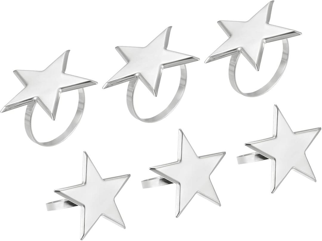 uxcell Metal Napkin Rings Set of 6, Star Napkin Ring Holder Buckle for Dining Table Decorations Wedding Birthday Holiday Party, Silver Tone