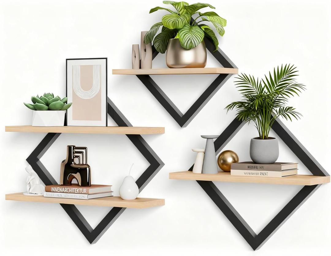 3Pcs Floating Shelves, Wall Shelves, Diamond 2-Tier Hanging Shelves Set for Kitchen, Bathroom, Office and Home Decoration Rustic Brown